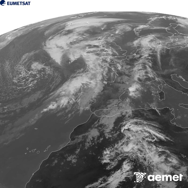 Esta imaxe x�rase utilizando informaci�n da canle Infravermella 10.5 �m do sat�lite METEOSAT-12, pertencente � terceira xeraci�n de sat�lites Meteosat (MTG). Para que a imaxe se asemelle m�is � percepci�n do ollo humano, a escala de grises est� investida. As horas indicadas ref�rense � pen�nsula (unha hora menos nas Illas Canarias).&nbsp;martes, 29 setembro  2026 12:00