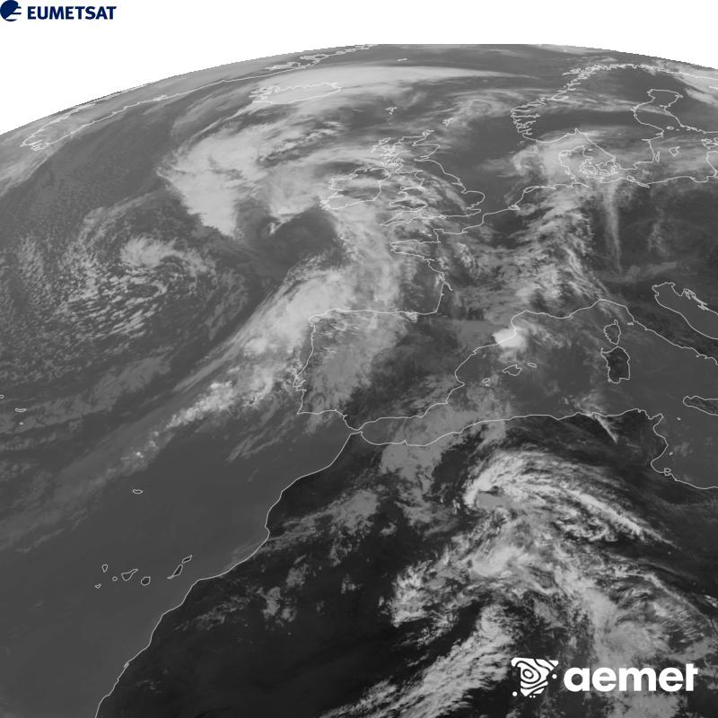 Esta imaxe x�rase utilizando informaci�n da canle Infravermella 10.5 �m do sat�lite METEOSAT-12, pertencente � terceira xeraci�n de sat�lites Meteosat (MTG). Para que a imaxe se asemelle m�is � percepci�n do ollo humano, a escala de grises est� investida. As horas indicadas ref�rense � pen�nsula (unha hora menos nas Illas Canarias).&nbsp;martes, 29 setembro  2026 13:00