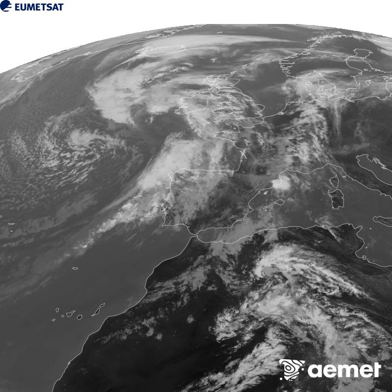 Esta imaxe x�rase utilizando informaci�n da canle Infravermella 10.5 �m do sat�lite METEOSAT-12, pertencente � terceira xeraci�n de sat�lites Meteosat (MTG). Para que a imaxe se asemelle m�is � percepci�n do ollo humano, a escala de grises est� investida. As horas indicadas ref�rense � pen�nsula (unha hora menos nas Illas Canarias).&nbsp;martes, 29 setembro  2026 14:00