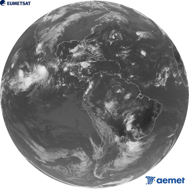 Imatge global del canal infraroig (longitud d'ona 10.3 �m) del sat�l�lit geoestacionari estatunidenc GOES-19. Les hores indicades es refereixen a la pen�nsula (una hora menys a les Illes Can�ries).&nbsp;dimarts, 29 de setembre  2026 14:00