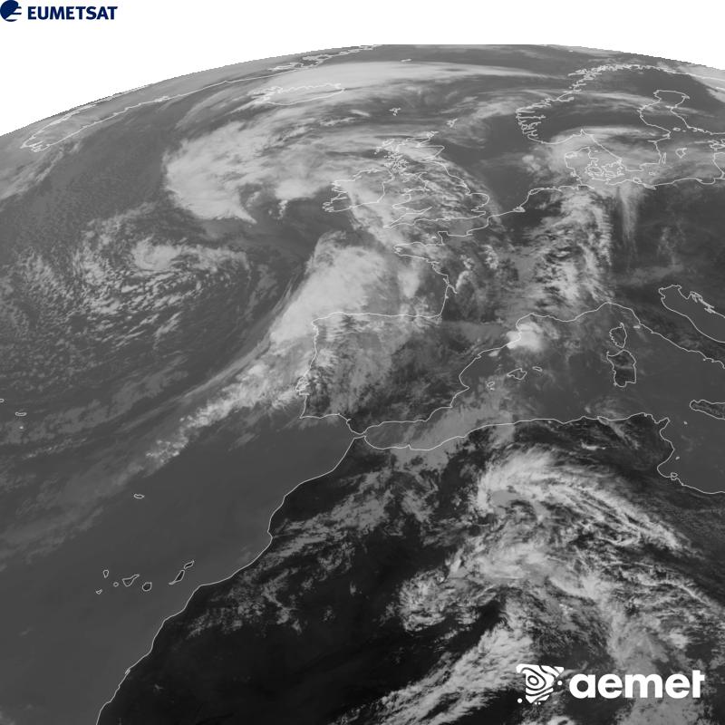 Esta imaxe x�rase utilizando informaci�n da canle Infravermella 10.5 �m do sat�lite METEOSAT-12, pertencente � terceira xeraci�n de sat�lites Meteosat (MTG). Para que a imaxe se asemelle m�is � percepci�n do ollo humano, a escala de grises est� investida. As horas indicadas ref�rense � pen�nsula (unha hora menos nas Illas Canarias).&nbsp;martes, 29 setembro  2026 15:00