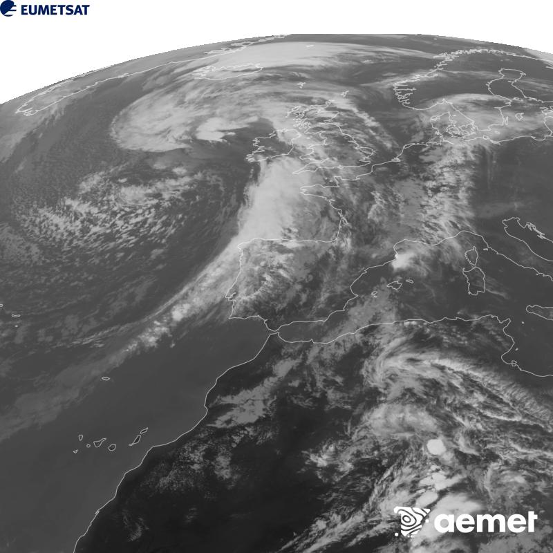 Esta imaxe x�rase utilizando informaci�n da canle Infravermella 10.5 �m do sat�lite METEOSAT-12, pertencente � terceira xeraci�n de sat�lites Meteosat (MTG). Para que a imaxe se asemelle m�is � percepci�n do ollo humano, a escala de grises est� investida. As horas indicadas ref�rense � pen�nsula (unha hora menos nas Illas Canarias).&nbsp;martes, 29 setembro  2026 18:00