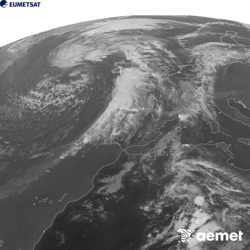 Esta imaxe x�rase utilizando informaci�n da canle Infravermella 10.5 �m do sat�lite METEOSAT-12, pertencente � terceira xeraci�n de sat�lites Meteosat (MTG). Para que a imaxe se asemelle m�is � percepci�n do ollo humano, a escala de grises est� investida. As horas indicadas ref�rense � pen�nsula (unha hora menos nas Illas Canarias).&nbsp;martes, 29 setembro  2026 19:00