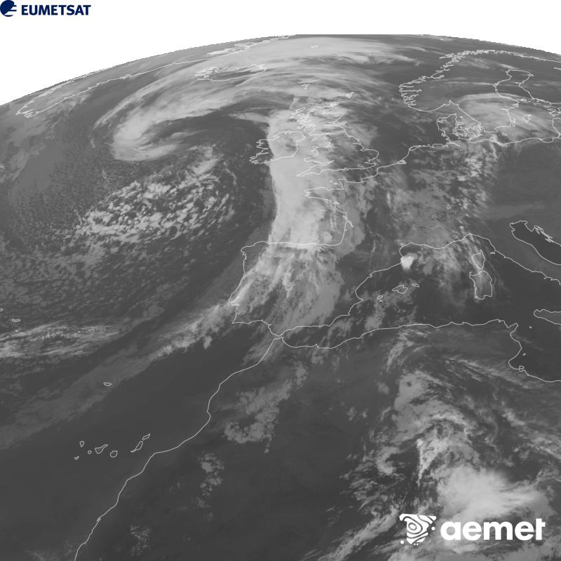 Esta imaxe x�rase utilizando informaci�n da canle Infravermella 10.5 �m do sat�lite METEOSAT-12, pertencente � terceira xeraci�n de sat�lites Meteosat (MTG). Para que a imaxe se asemelle m�is � percepci�n do ollo humano, a escala de grises est� investida. As horas indicadas ref�rense � pen�nsula (unha hora menos nas Illas Canarias).&nbsp;martes, 29 setembro  2026 23:00
