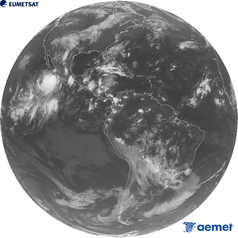 Imatge global del canal infraroig (longitud d'ona 10.3 �m) del sat�l�lit geoestacionari estatunidenc GOES-19. Les hores indicades es refereixen a la pen�nsula (una hora menys a les Illes Can�ries).&nbsp;dimecres, 30 de setembre  2026 08:00