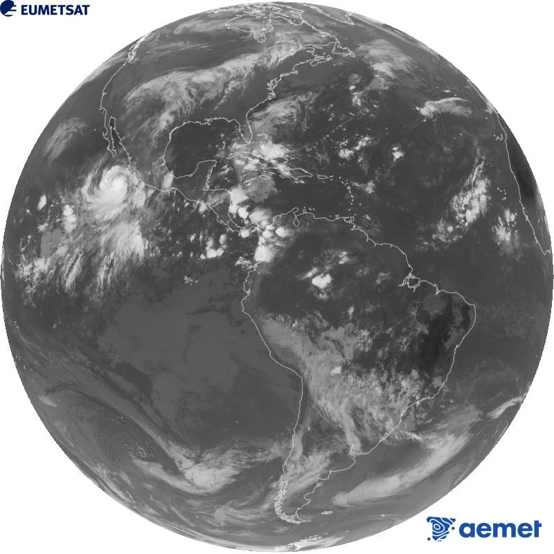 Imatge global del canal infraroig (longitud d'ona 10.3 �m) del sat�l�lit geoestacionari estatunidenc GOES-19. Les hores indicades es refereixen a la pen�nsula (una hora menys a les Illes Can�ries).&nbsp;dimecres, 30 de setembre  2026 14:00
