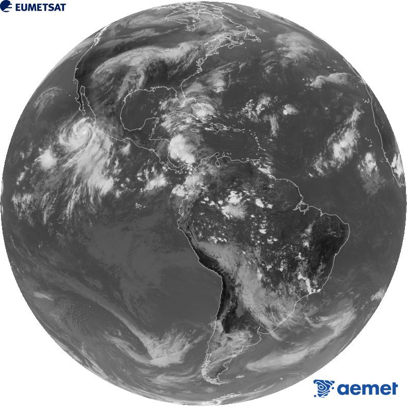 Imatge global del canal infraroig (longitud d'ona 10.3 �m) del sat�l�lit geoestacionari estatunidenc GOES-19. Les hores indicades es refereixen a la pen�nsula (una hora menys a les Illes Can�ries).&nbsp;dimecres, 30 de setembre  2026 20:00