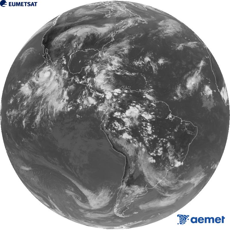 Imatge global del canal infraroig (longitud d'ona 10.3 �m) del sat�l�lit geoestacionari estatunidenc GOES-19. Les hores indicades es refereixen a la pen�nsula (una hora menys a les Illes Can�ries).&nbsp;dimecres, 30 de setembre  2026 23:00