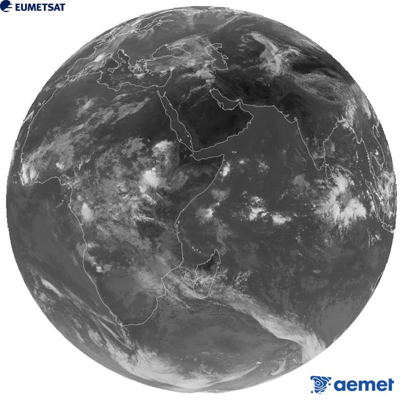 Imatge global del canal infraroig (longitud d'ona 10.8 �m) del sat�l�lit geoestacionari europeu Meteosat-9, pertanyent a la segona generaci� de sat�l�lits Meteosat. Les hores indicades es refereixen a la pen�nsula (una hora menys a les Illes Can�ries).&nbsp;dijous, 1 d?octubre  2026 08:00