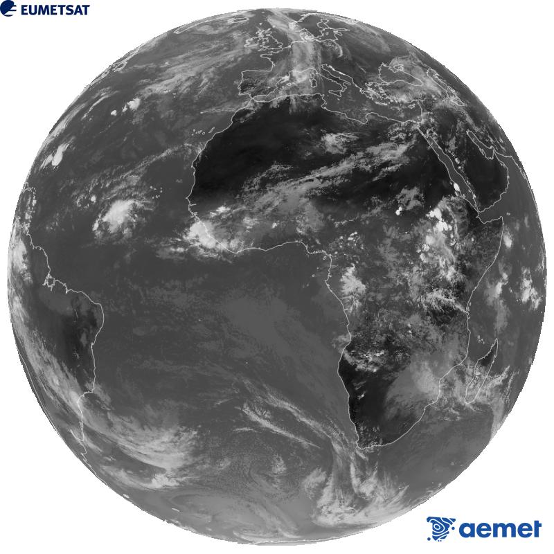 Imatge global del canal infraroig (longitud d'ona 10.5 �m) del sat�l�lit geoestacionari europeu Meteosat-12, pertanyent a la tercera generaci� de sat�l�lits Meteosat. Les hores indicades es refereixen a la pen�nsula (una hora menys a les Illes Can�ries).&nbsp;dijous, 1 d?octubre  2026 14:00