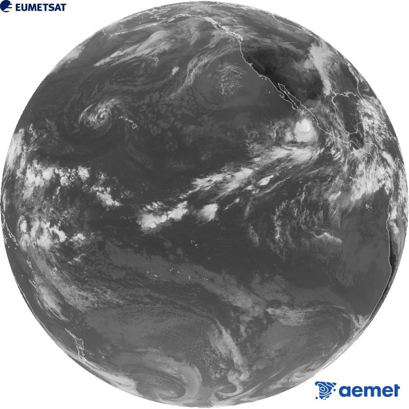 Imagen global del canal infrarrojo (longitud de onda 10.3 �m) del sat�lite estadounidense GOES-18. Las horas indicadas se refieren a la pen�nsula (una hora menos en las Islas Canarias).&nbsp;jueves, 01 octubre 2026 a las 20:00