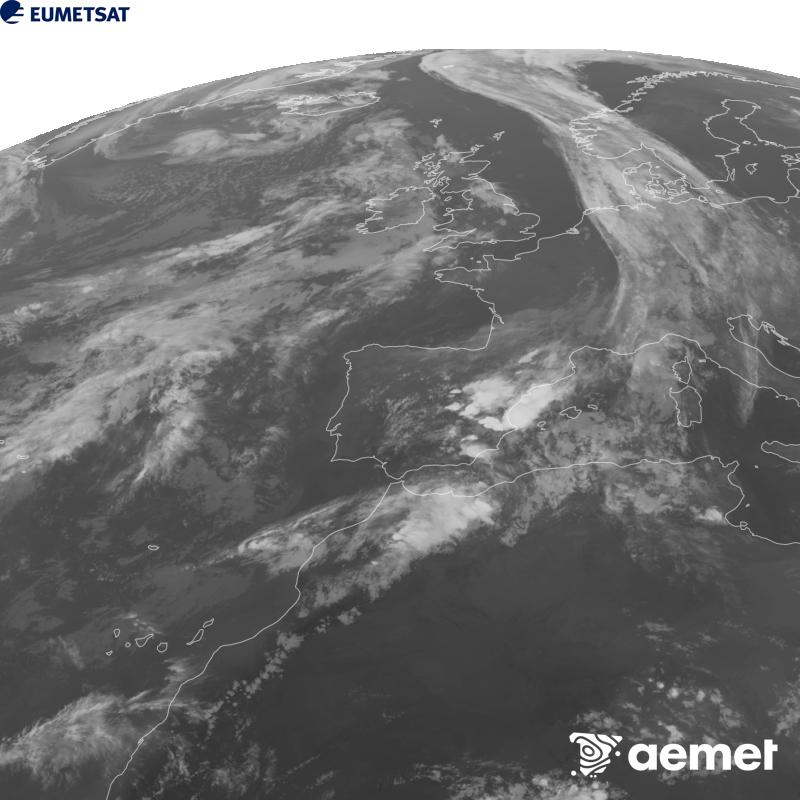 Aquesta imatge es genera utilitzant informaci� del canal Infraroig 10.5 �m del sat�l�lit METEOSAT-12, pertanyent a la tercera generaci� de sat�l�lits Meteosat (MTG). Perqu� la imatge s'assembli m�s a la percepci� de l'ull hum�, l'escala de grises est� invertida. Les hores indicades es refereixen a la pen�nsula (una hora menys a les Illes Can�ries).&nbsp;dijous, 1 d?octubre  2026 21:00
