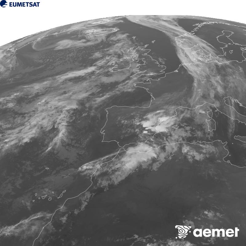 Aquesta imatge es genera utilitzant informaci� del canal Infraroig 10.5 �m del sat�l�lit METEOSAT-12, pertanyent a la tercera generaci� de sat�l�lits Meteosat (MTG). Perqu� la imatge s'assembli m�s a la percepci� de l'ull hum�, l'escala de grises est� invertida. Les hores indicades es refereixen a la pen�nsula (una hora menys a les Illes Can�ries).&nbsp;dijous, 1 d?octubre  2026 23:00