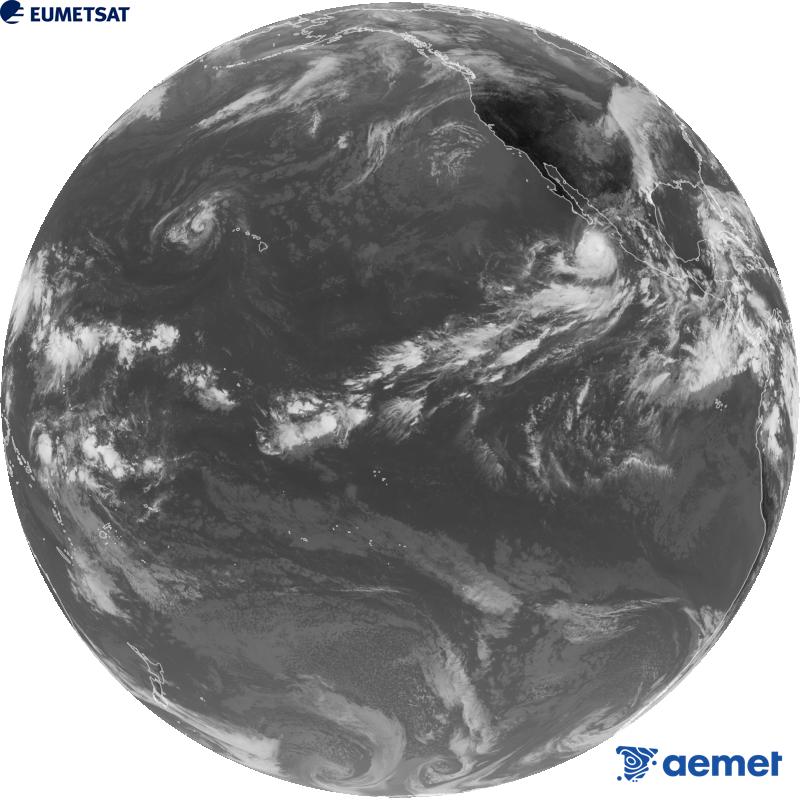Imagen global del canal infrarrojo (longitud de onda 10.3 �m) del sat�lite estadounidense GOES-18. Las horas indicadas se refieren a la pen�nsula (una hora menos en las Islas Canarias).&nbsp;jueves, 01 octubre 2026 a las 23:00