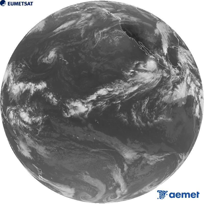 Imagen global del canal infrarrojo (longitud de onda 10.3 �m) del sat�lite estadounidense GOES-18. Las horas indicadas se refieren a la pen�nsula (una hora menos en las Islas Canarias).&nbsp;viernes, 02 octubre 2026 a las 02:00