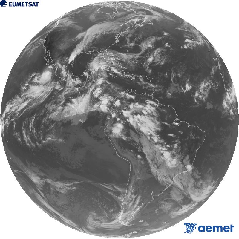 Imatge global del canal infraroig (longitud d'ona 10.3 �m) del sat�l�lit geoestacionari estatunidenc GOES-19. Les hores indicades es refereixen a la pen�nsula (una hora menys a les Illes Can�ries).&nbsp;divendres, 2 d?octubre  2026 02:00