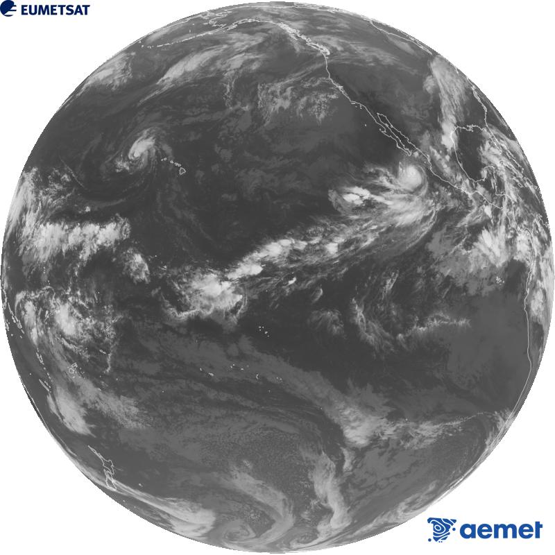 Imagen global del canal infrarrojo (longitud de onda 10.3 �m) del sat�lite estadounidense GOES-18. Las horas indicadas se refieren a la pen�nsula (una hora menos en las Islas Canarias).&nbsp;viernes, 02 octubre 2026 a las 05:00