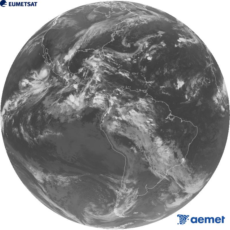 Imatge global del canal infraroig (longitud d'ona 10.3 �m) del sat�l�lit geoestacionari estatunidenc GOES-19. Les hores indicades es refereixen a la pen�nsula (una hora menys a les Illes Can�ries).&nbsp;divendres, 2 d?octubre  2026 05:00