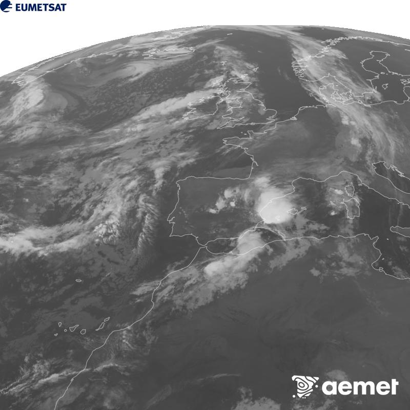 Aquesta imatge es genera utilitzant informaci� del canal Infraroig 10.5 �m del sat�l�lit METEOSAT-12, pertanyent a la tercera generaci� de sat�l�lits Meteosat (MTG). Perqu� la imatge s'assembli m�s a la percepci� de l'ull hum�, l'escala de grises est� invertida. Les hores indicades es refereixen a la pen�nsula (una hora menys a les Illes Can�ries).&nbsp;divendres, 2 d?octubre  2026 06:00