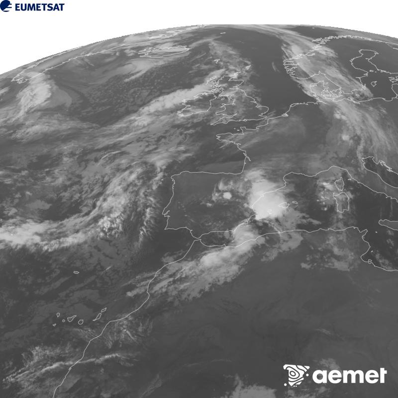 Aquesta imatge es genera utilitzant informaci� del canal Infraroig 10.5 �m del sat�l�lit METEOSAT-12, pertanyent a la tercera generaci� de sat�l�lits Meteosat (MTG). Perqu� la imatge s'assembli m�s a la percepci� de l'ull hum�, l'escala de grises est� invertida. Les hores indicades es refereixen a la pen�nsula (una hora menys a les Illes Can�ries).&nbsp;divendres, 2 d?octubre  2026 07:00