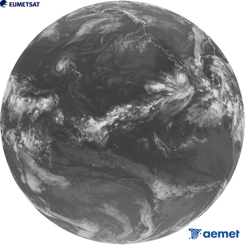 Imagen global del canal infrarrojo (longitud de onda 10.3 �m) del sat�lite estadounidense GOES-18. Las horas indicadas se refieren a la pen�nsula (una hora menos en las Islas Canarias).&nbsp;viernes, 02 octubre 2026 a las 08:00