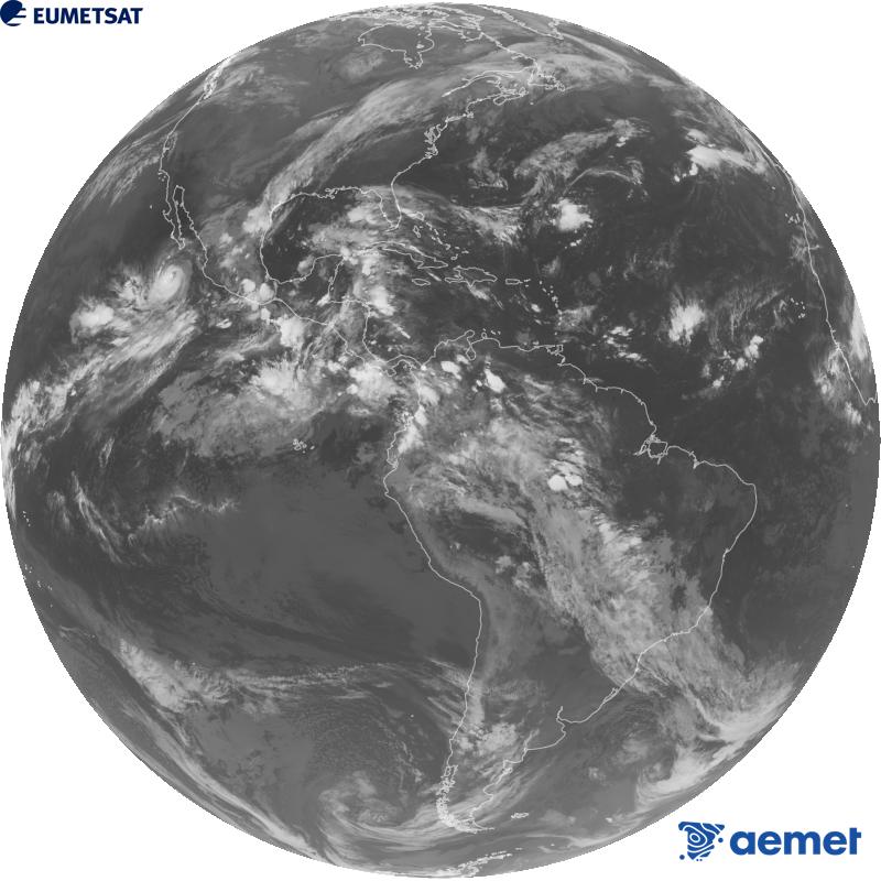 Imatge global del canal infraroig (longitud d'ona 10.3 �m) del sat�l�lit geoestacionari estatunidenc GOES-19. Les hores indicades es refereixen a la pen�nsula (una hora menys a les Illes Can�ries).&nbsp;divendres, 2 d?octubre  2026 08:00