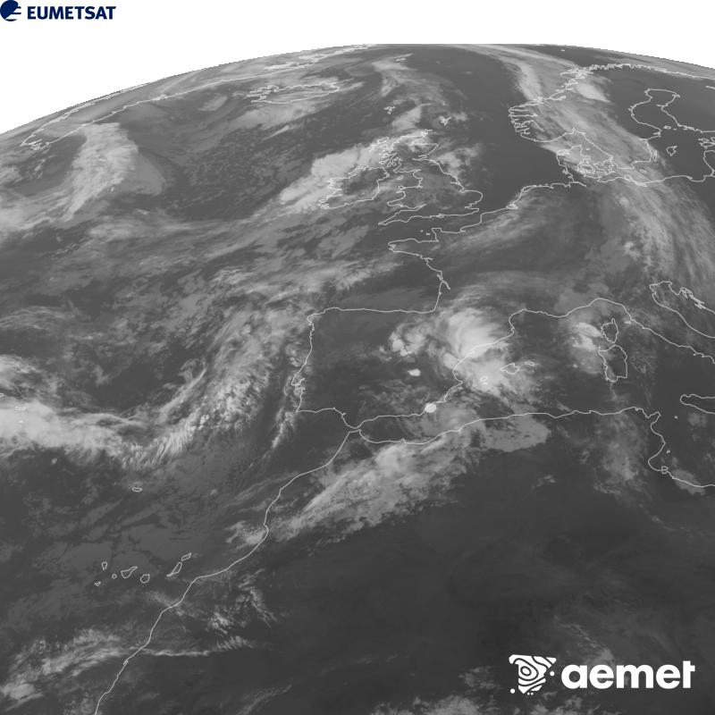 Aquesta imatge es genera utilitzant informaci� del canal Infraroig 10.5 �m del sat�l�lit METEOSAT-12, pertanyent a la tercera generaci� de sat�l�lits Meteosat (MTG). Perqu� la imatge s'assembli m�s a la percepci� de l'ull hum�, l'escala de grises est� invertida. Les hores indicades es refereixen a la pen�nsula (una hora menys a les Illes Can�ries).&nbsp;divendres, 2 d?octubre  2026 10:00