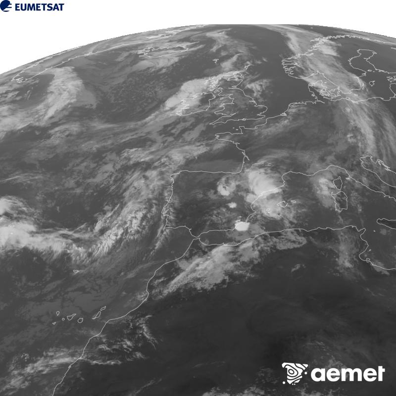 Aquesta imatge es genera utilitzant informaci� del canal Infraroig 10.5 �m del sat�l�lit METEOSAT-12, pertanyent a la tercera generaci� de sat�l�lits Meteosat (MTG). Perqu� la imatge s'assembli m�s a la percepci� de l'ull hum�, l'escala de grises est� invertida. Les hores indicades es refereixen a la pen�nsula (una hora menys a les Illes Can�ries).&nbsp;divendres, 2 d?octubre  2026 11:00