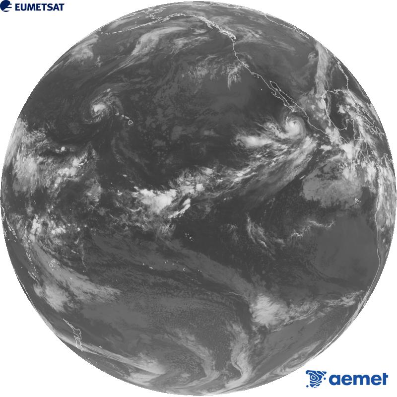 Imagen global del canal infrarrojo (longitud de onda 10.3 �m) del sat�lite estadounidense GOES-18. Las horas indicadas se refieren a la pen�nsula (una hora menos en las Islas Canarias).&nbsp;viernes, 02 octubre 2026 a las 11:00