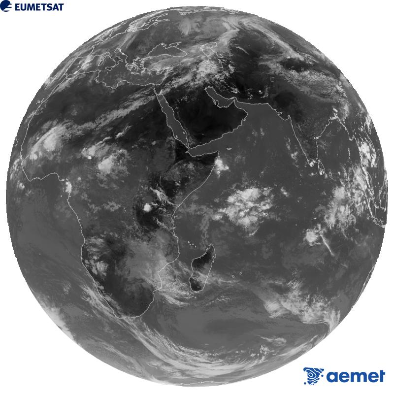 Imagen global del canal infrarrojo (longitud de onda 10.8 �m) del sat�lite geoestacionario europeo Meteosat-9, perteneciente a la segunda generaci�n de sat�lites Meteosat. Las horas indicadas se refieren a la pen�nsula (una hora menos en las Islas Canarias).&nbsp;viernes, 02 octubre 2026 a las 11:00