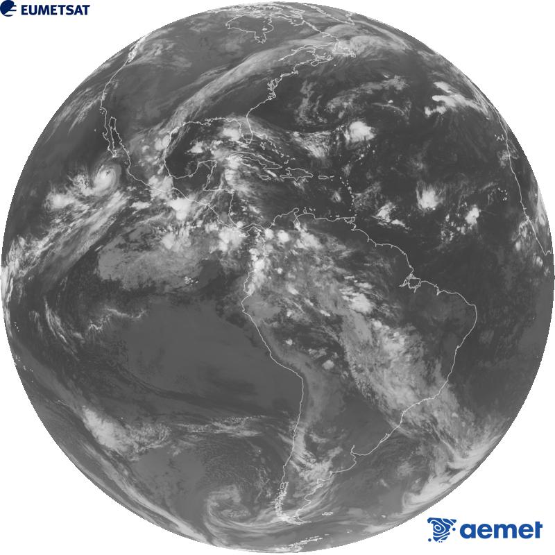 Imatge global del canal infraroig (longitud d'ona 10.3 �m) del sat�l�lit geoestacionari estatunidenc GOES-19. Les hores indicades es refereixen a la pen�nsula (una hora menys a les Illes Can�ries).&nbsp;divendres, 2 d?octubre  2026 11:00