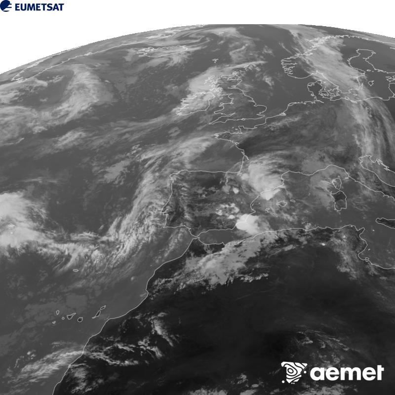 Irudi hau METEOSAT-12 satelitearen 10.5 �m Infragorri kanaleko informazioa erabiliz sortzen da, Meteosat (MTG) sateliteen hirugarren belaunaldikoa. Irudiak giza begiaren pertzepzioaren antz handiagoa izan dezan, grisen eskala alderantzizkoa da. Ordu horiek penintsulari dagozkio (ordubete gutxiago Kanariar Uharteetan).&nbsp;ostirala, 2026ko urriak 02, ordua: 14:00
