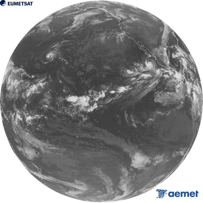 Imagen global del canal infrarrojo (longitud de onda 10.3 �m) del sat�lite estadounidense GOES-18. Las horas indicadas se refieren a la pen�nsula (una hora menos en las Islas Canarias).&nbsp;viernes, 02 octubre 2026 a las 14:00
