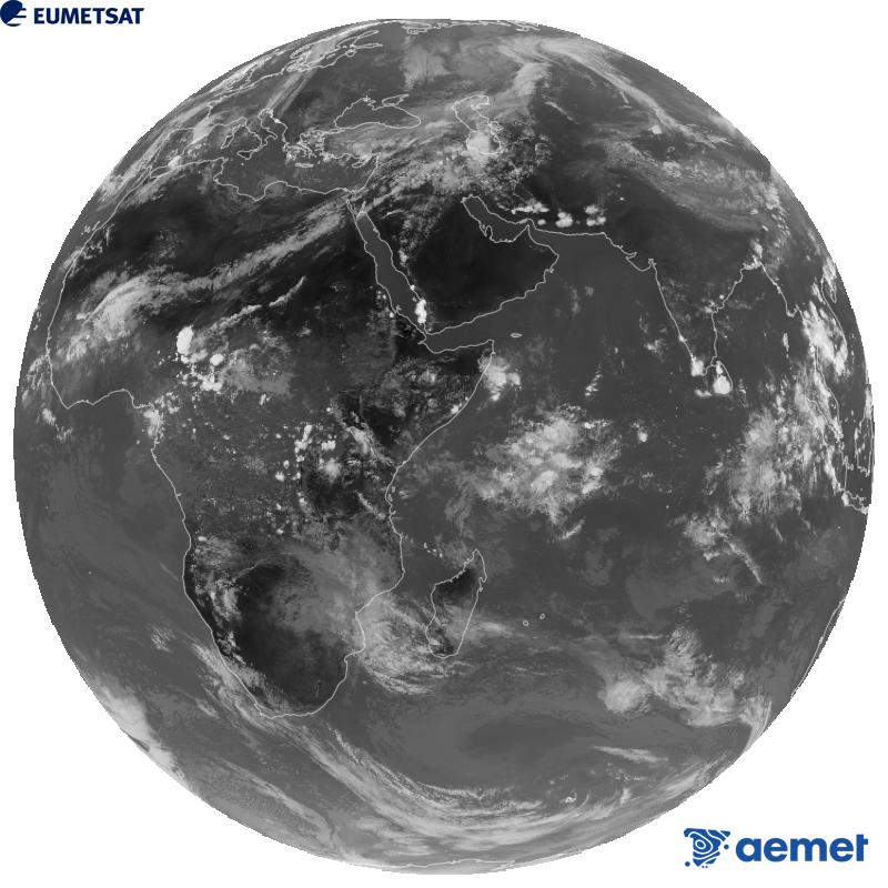 Imagen global del canal infrarrojo (longitud de onda 10.8 �m) del sat�lite geoestacionario europeo Meteosat-9, perteneciente a la segunda generaci�n de sat�lites Meteosat. Las horas indicadas se refieren a la pen�nsula (una hora menos en las Islas Canarias).&nbsp;viernes, 02 octubre 2026 a las 14:00