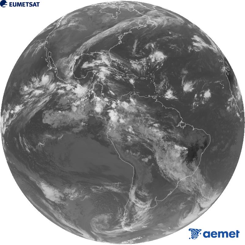 Imatge global del canal infraroig (longitud d'ona 10.3 �m) del sat�l�lit geoestacionari estatunidenc GOES-19. Les hores indicades es refereixen a la pen�nsula (una hora menys a les Illes Can�ries).&nbsp;divendres, 2 d?octubre  2026 14:00