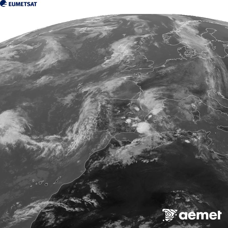 Irudi hau METEOSAT-12 satelitearen 10.5 �m Infragorri kanaleko informazioa erabiliz sortzen da, Meteosat (MTG) sateliteen hirugarren belaunaldikoa. Irudiak giza begiaren pertzepzioaren antz handiagoa izan dezan, grisen eskala alderantzizkoa da. Ordu horiek penintsulari dagozkio (ordubete gutxiago Kanariar Uharteetan).&nbsp;ostirala, 2026ko urriak 02, ordua: 15:00