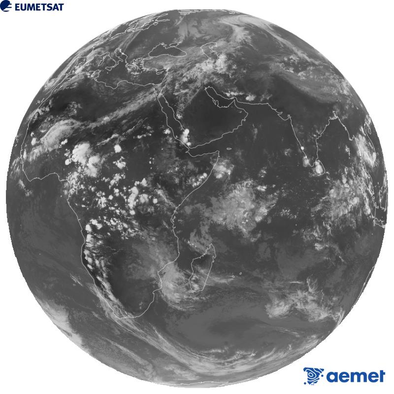 Imagen global del canal infrarrojo (longitud de onda 10.8 �m) del sat�lite geoestacionario europeo Meteosat-9, perteneciente a la segunda generaci�n de sat�lites Meteosat. Las horas indicadas se refieren a la pen�nsula (una hora menos en las Islas Canarias).&nbsp;viernes, 02 octubre 2026 a las 17:00