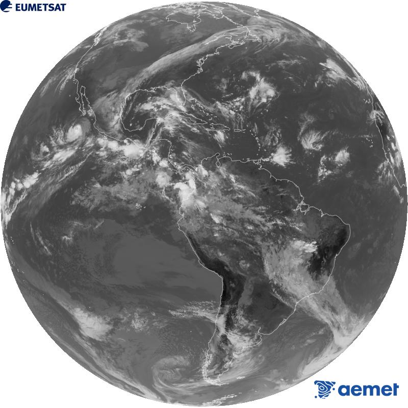 Imatge global del canal infraroig (longitud d'ona 10.3 �m) del sat�l�lit geoestacionari estatunidenc GOES-19. Les hores indicades es refereixen a la pen�nsula (una hora menys a les Illes Can�ries).&nbsp;divendres, 2 d?octubre  2026 17:00