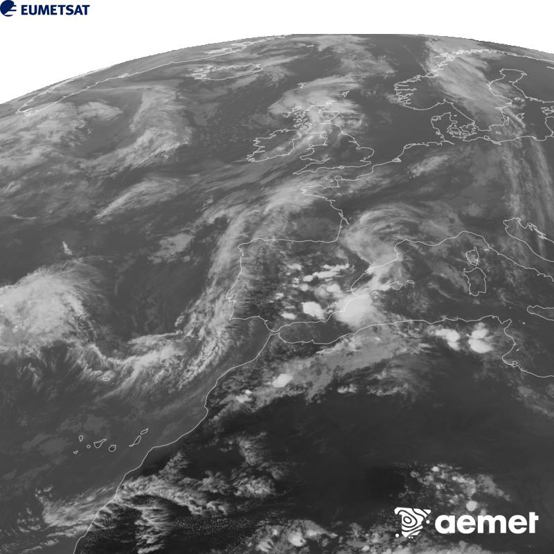 Irudi hau METEOSAT-12 satelitearen 10.5 �m Infragorri kanaleko informazioa erabiliz sortzen da, Meteosat (MTG) sateliteen hirugarren belaunaldikoa. Irudiak giza begiaren pertzepzioaren antz handiagoa izan dezan, grisen eskala alderantzizkoa da. Ordu horiek penintsulari dagozkio (ordubete gutxiago Kanariar Uharteetan).&nbsp;ostirala, 2026ko urriak 02, ordua: 18:00