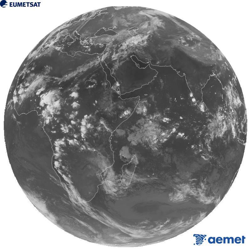 Imagen global del canal infrarrojo (longitud de onda 10.8 �m) del sat�lite geoestacionario europeo Meteosat-9, perteneciente a la segunda generaci�n de sat�lites Meteosat. Las horas indicadas se refieren a la pen�nsula (una hora menos en las Islas Canarias).&nbsp;viernes, 02 octubre 2026 a las 20:00
