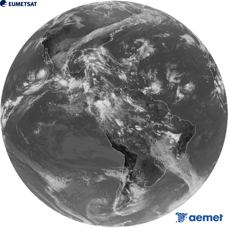 Imatge global del canal infraroig (longitud d'ona 10.3 �m) del sat�l�lit geoestacionari estatunidenc GOES-19. Les hores indicades es refereixen a la pen�nsula (una hora menys a les Illes Can�ries).&nbsp;divendres, 2 d?octubre  2026 20:00