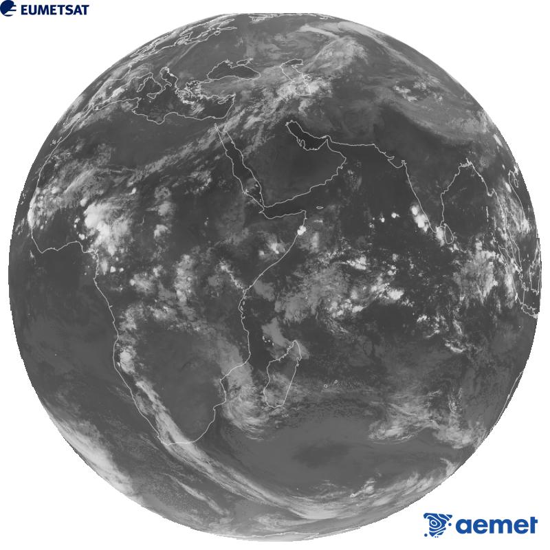 Imagen global del canal infrarrojo (longitud de onda 10.8 �m) del sat�lite geoestacionario europeo Meteosat-9, perteneciente a la segunda generaci�n de sat�lites Meteosat. Las horas indicadas se refieren a la pen�nsula (una hora menos en las Islas Canarias).&nbsp;viernes, 02 octubre 2026 a las 23:00