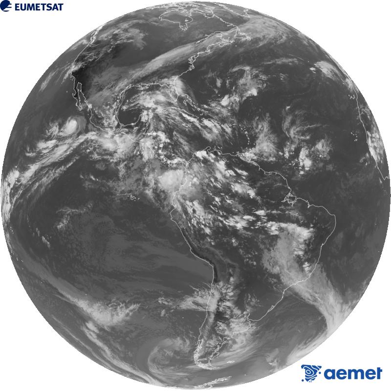 Imatge global del canal infraroig (longitud d'ona 10.3 �m) del sat�l�lit geoestacionari estatunidenc GOES-19. Les hores indicades es refereixen a la pen�nsula (una hora menys a les Illes Can�ries).&nbsp;divendres, 2 d?octubre  2026 23:00