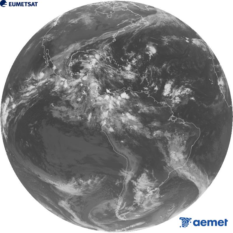 Imatge global del canal infraroig (longitud d'ona 10.3 �m) del sat�l�lit geoestacionari estatunidenc GOES-19. Les hores indicades es refereixen a la pen�nsula (una hora menys a les Illes Can�ries).&nbsp;dissabte, 3 d?octubre  2026 08:00
