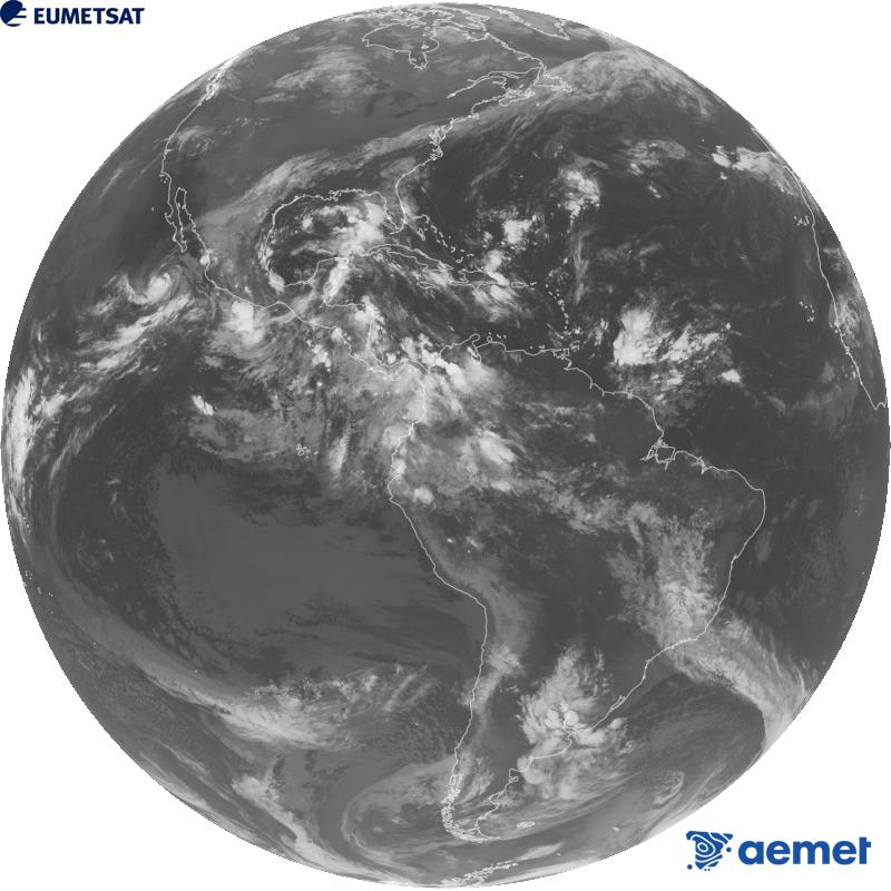 Imatge global del canal infraroig (longitud d'ona 10.3 �m) del sat�l�lit geoestacionari estatunidenc GOES-19. Les hores indicades es refereixen a la pen�nsula (una hora menys a les Illes Can�ries).&nbsp;dissabte, 3 d?octubre  2026 11:00