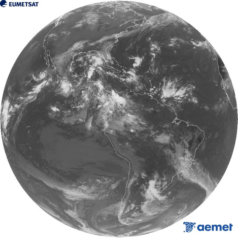 Imatge global del canal infraroig (longitud d'ona 10.3 �m) del sat�l�lit geoestacionari estatunidenc GOES-19. Les hores indicades es refereixen a la pen�nsula (una hora menys a les Illes Can�ries).&nbsp;dissabte, 3 d?octubre  2026 14:00
