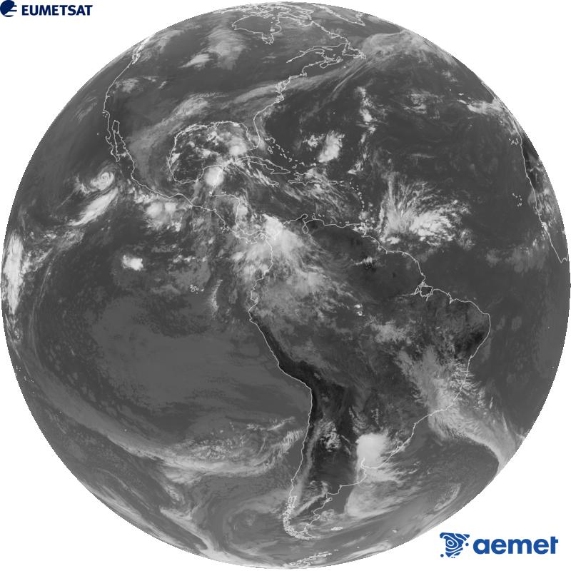 Imatge global del canal infraroig (longitud d'ona 10.3 �m) del sat�l�lit geoestacionari estatunidenc GOES-19. Les hores indicades es refereixen a la pen�nsula (una hora menys a les Illes Can�ries).&nbsp;dissabte, 3 d?octubre  2026 17:00