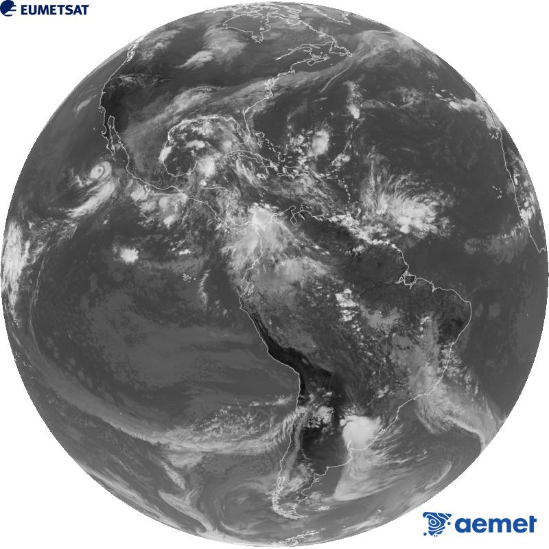 Imatge global del canal infraroig (longitud d'ona 10.3 �m) del sat�l�lit geoestacionari estatunidenc GOES-19. Les hores indicades es refereixen a la pen�nsula (una hora menys a les Illes Can�ries).&nbsp;dissabte, 3 d?octubre  2026 20:00