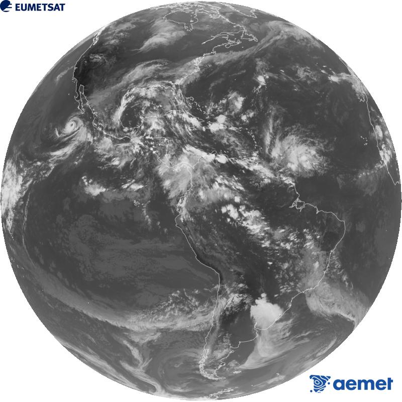 Imatge global del canal infraroig (longitud d'ona 10.3 �m) del sat�l�lit geoestacionari estatunidenc GOES-19. Les hores indicades es refereixen a la pen�nsula (una hora menys a les Illes Can�ries).&nbsp;dissabte, 3 d?octubre  2026 23:00