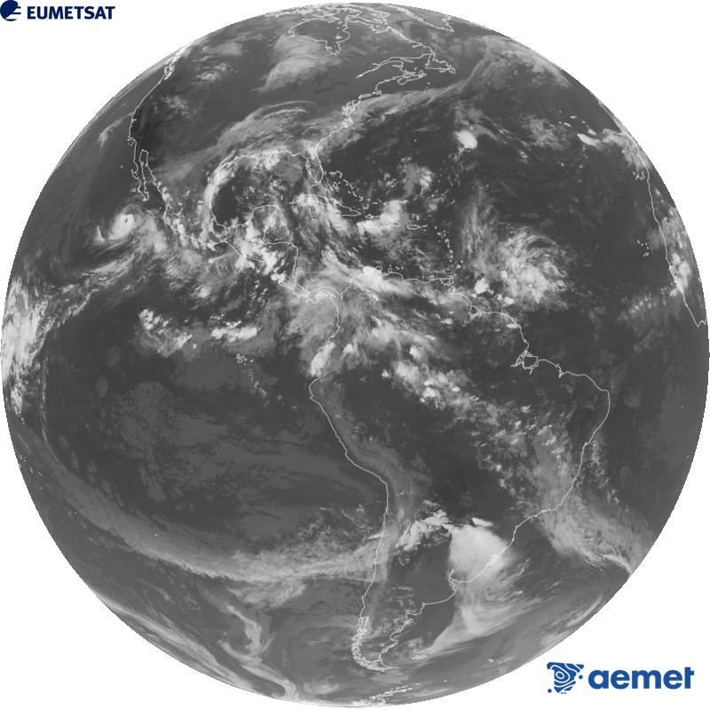 Imatge global del canal infraroig (longitud d'ona 10.3 �m) del sat�l�lit geoestacionari estatunidenc GOES-19. Les hores indicades es refereixen a la pen�nsula (una hora menys a les Illes Can�ries).&nbsp;diumenge, 4 d?octubre  2026 02:00